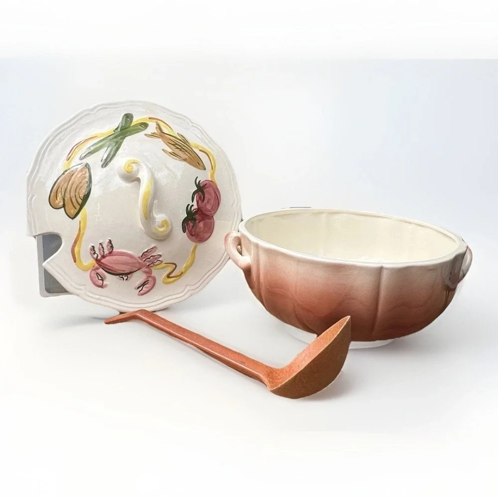 Soup Tureen Set Los Angeles Potteries 1959 MCM Hand Painted Ceramic USA Decor